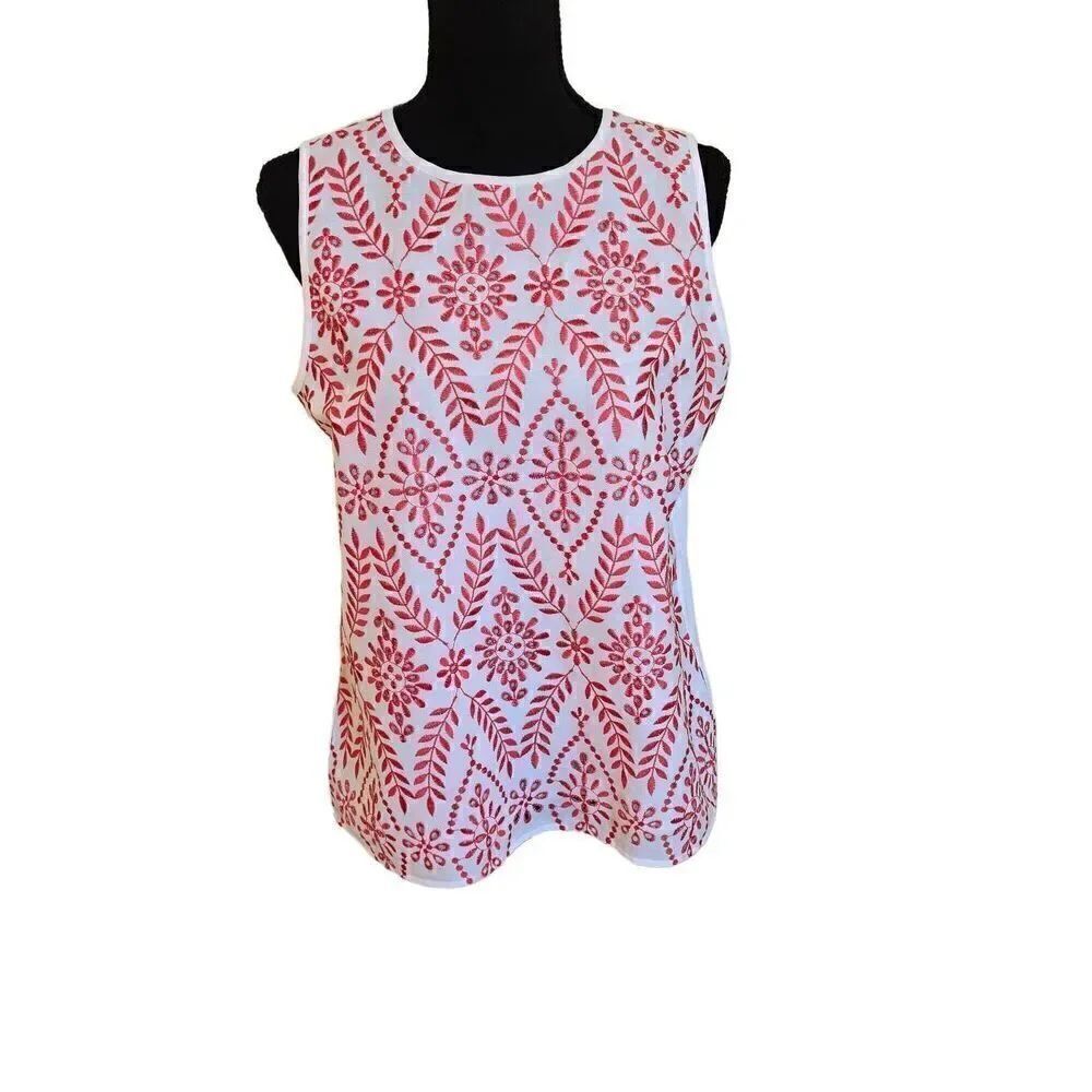 Ann Taylor Womens Sleeveless Red White Embroidered Cotton Tank Blouse Medium Pet